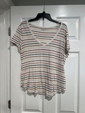 Abercrombie & Fitch White V-Neck Tee with Rust, Navy & Tan Stripes